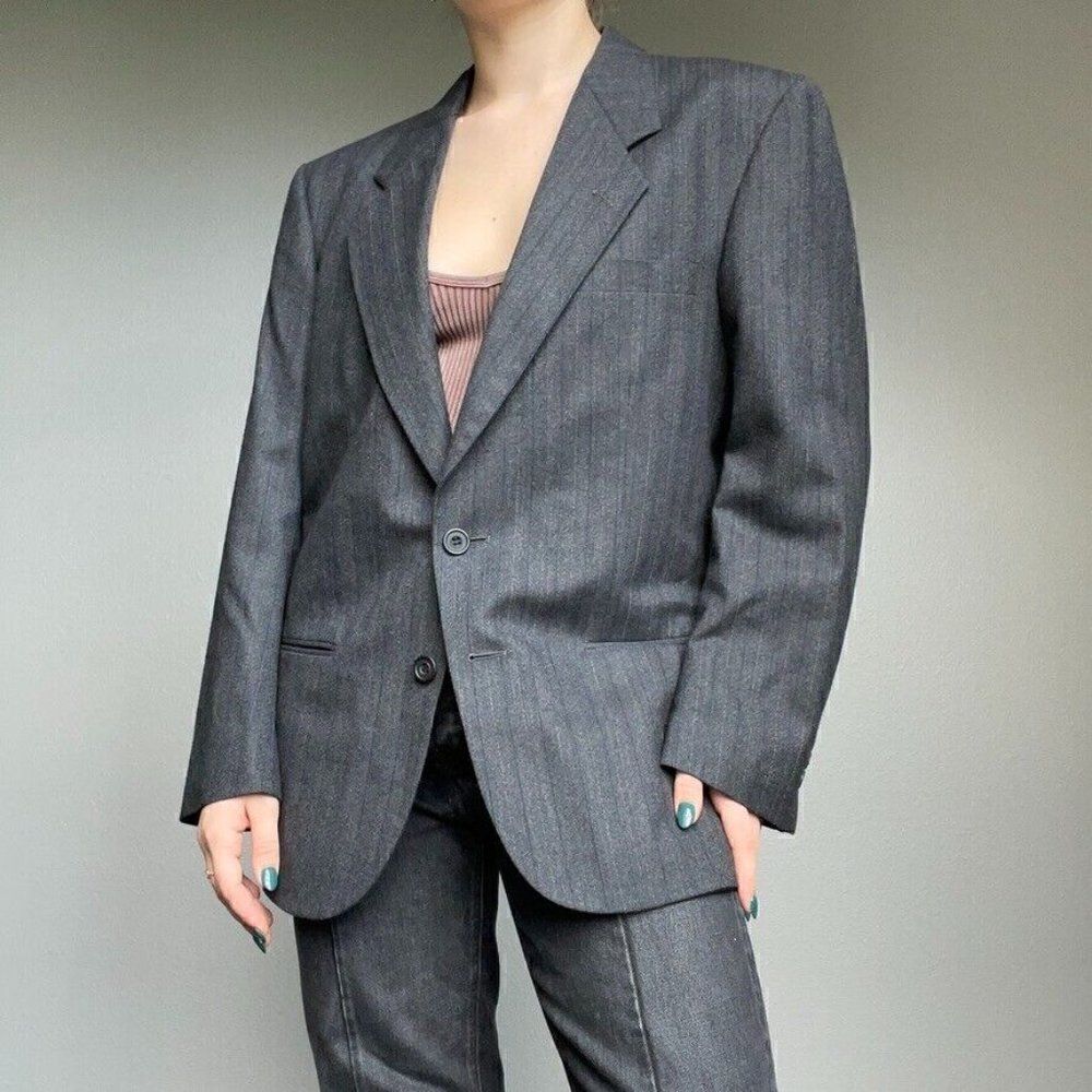 Vintage Givenchy Dark Gray Striped Oversized Wool Blazer Preppy Sport Coat 40R - Picture 2 of 11